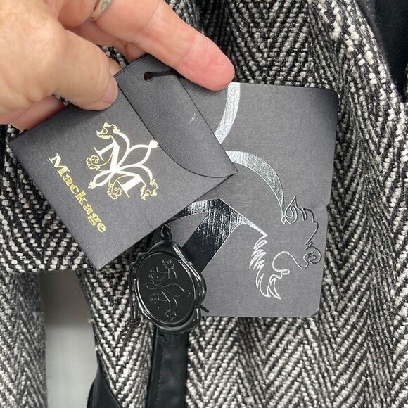 Mackage Gray Black Leather Belted Herringbone Wool Blend Pea Coat Size Large NWT - Picture 5 of 15